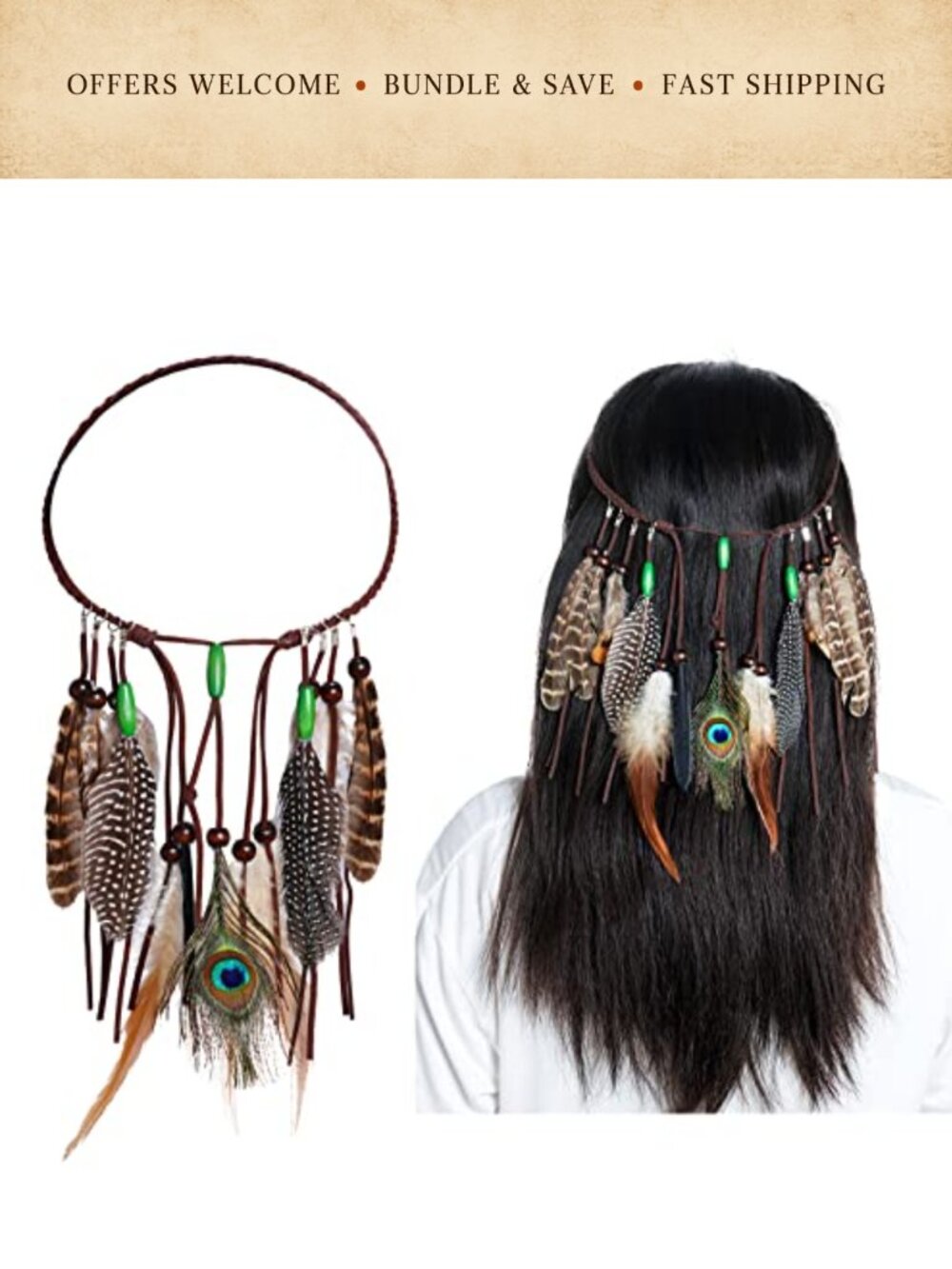 Boho Feather Headband Festival Costume Hair Accessory for Women